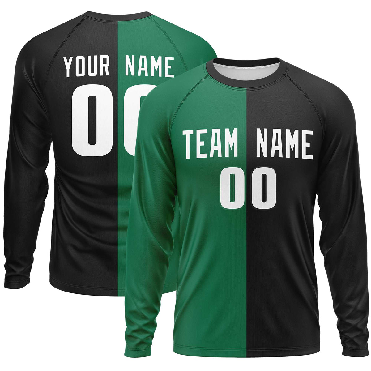 Custom Kelly Green Black Crew Neck Split Design Long Sleeve Performance T-Shirt | KXKSHOP