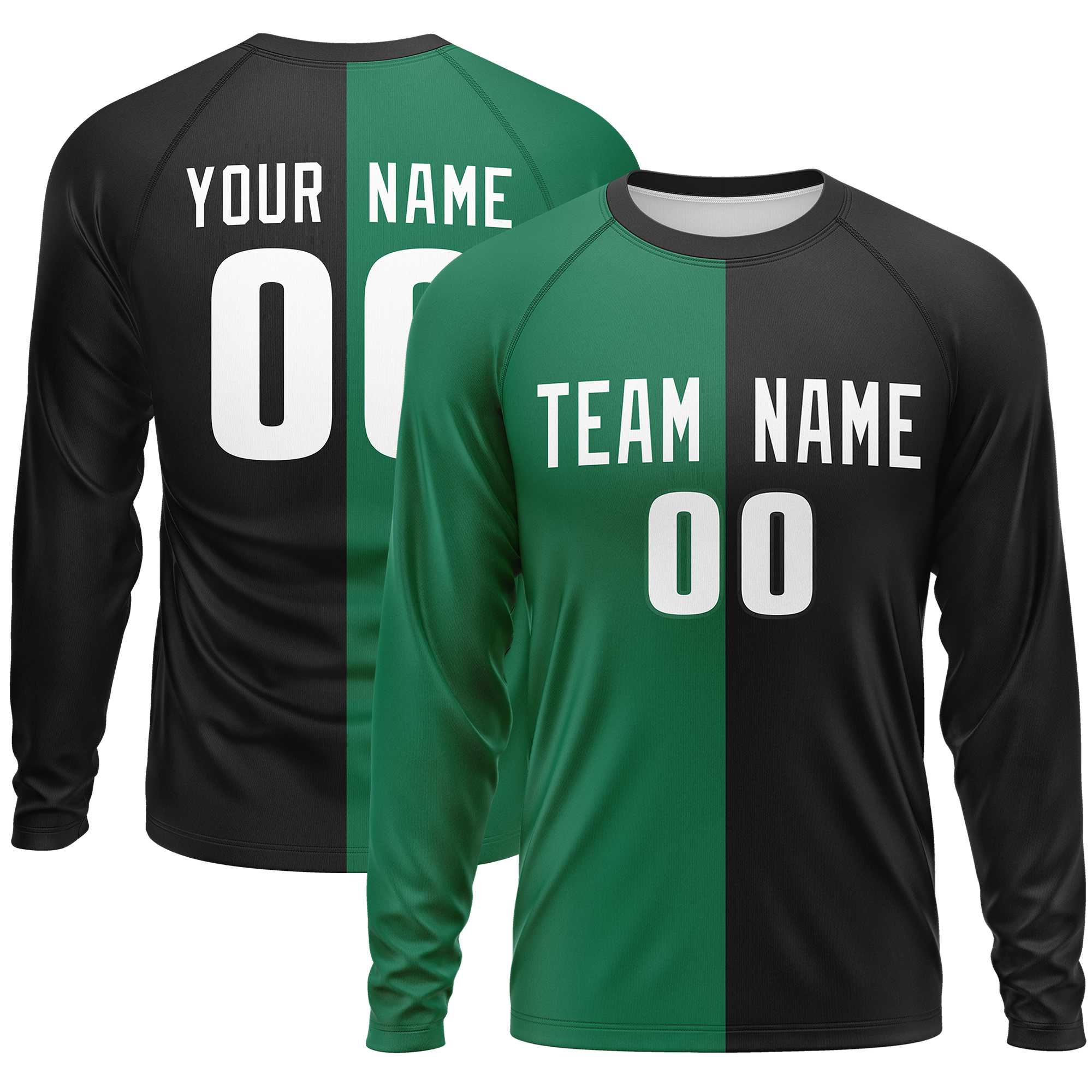 Custom Kelly Green Black Crew Neck Split Design Long Sleeve Performance T-Shirt | KXKSHOP