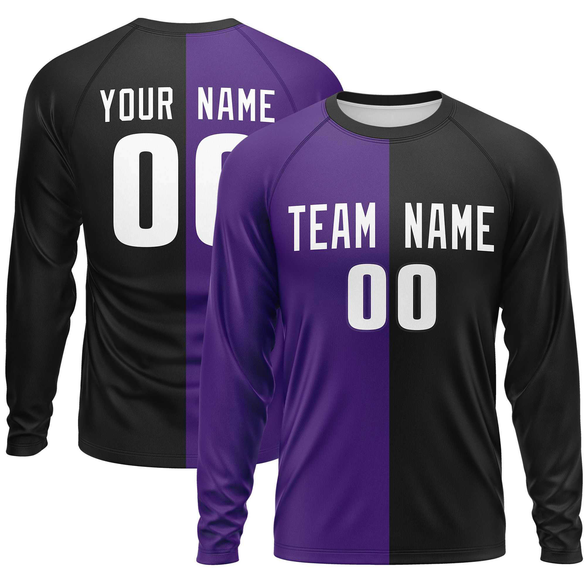 Custom Purple Black Crew Neck Split Design Long Sleeve Performance T-Shirt | KXKSHOP