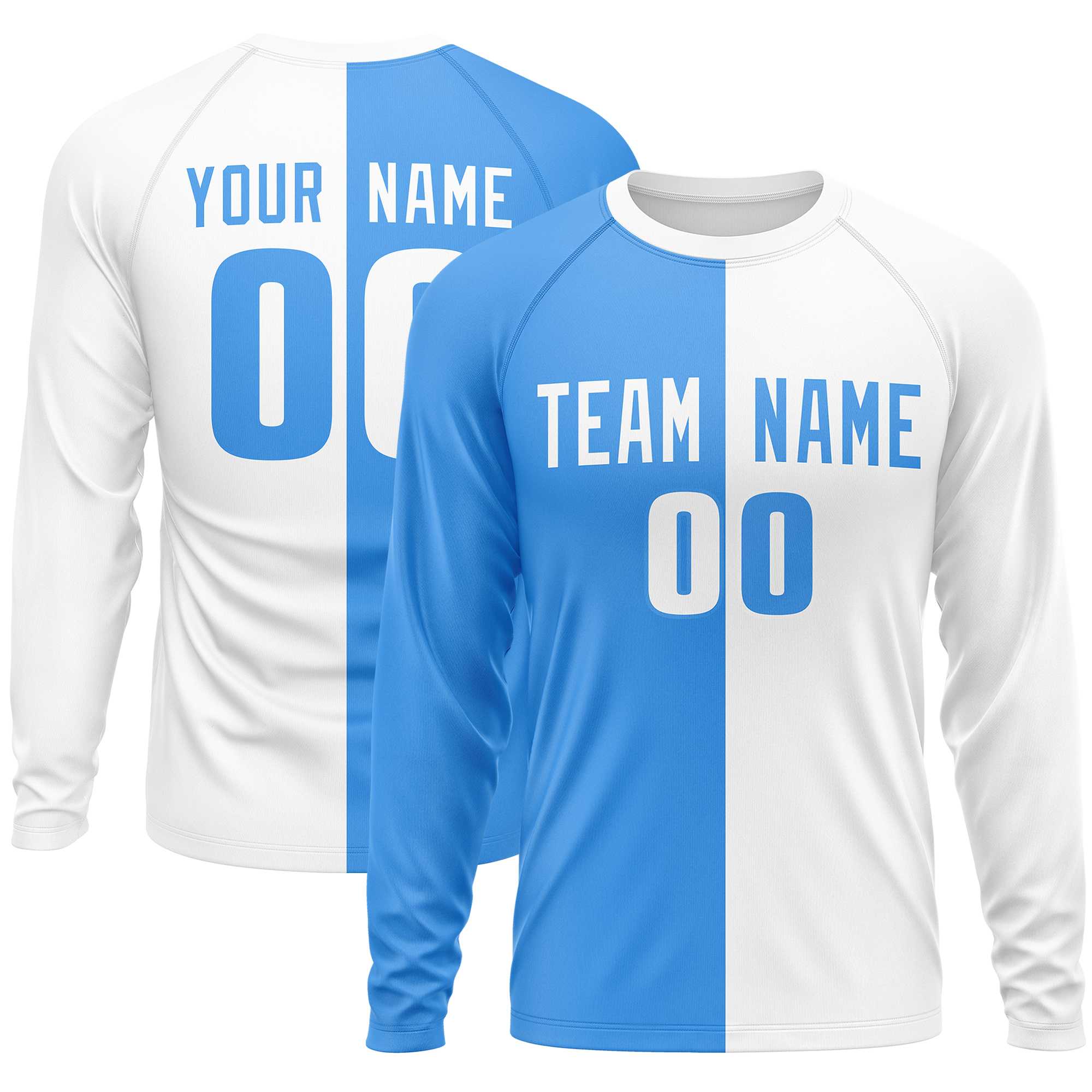 Custom Powder Blue White Crew Neck Split Design Long Sleeve Performance T-Shirt | KXKSHOP