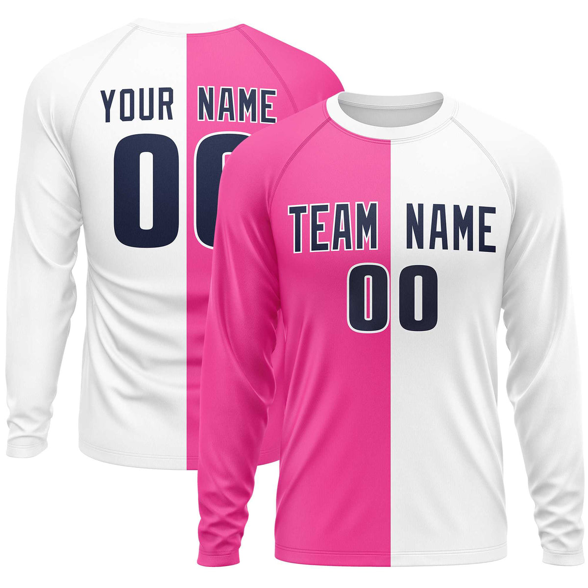 Custom Pink White Crew Neck Split Design Long Sleeve Performance T-Shirt | KXKSHOP