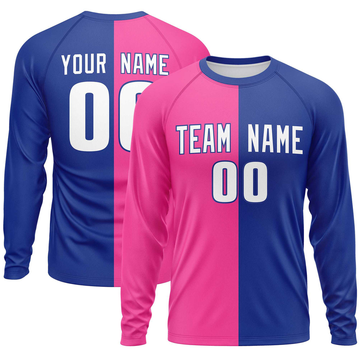 Custom Pink Royal Crew Neck Split Design Long Sleeve Performance T-Shirt | KXKSHOP
