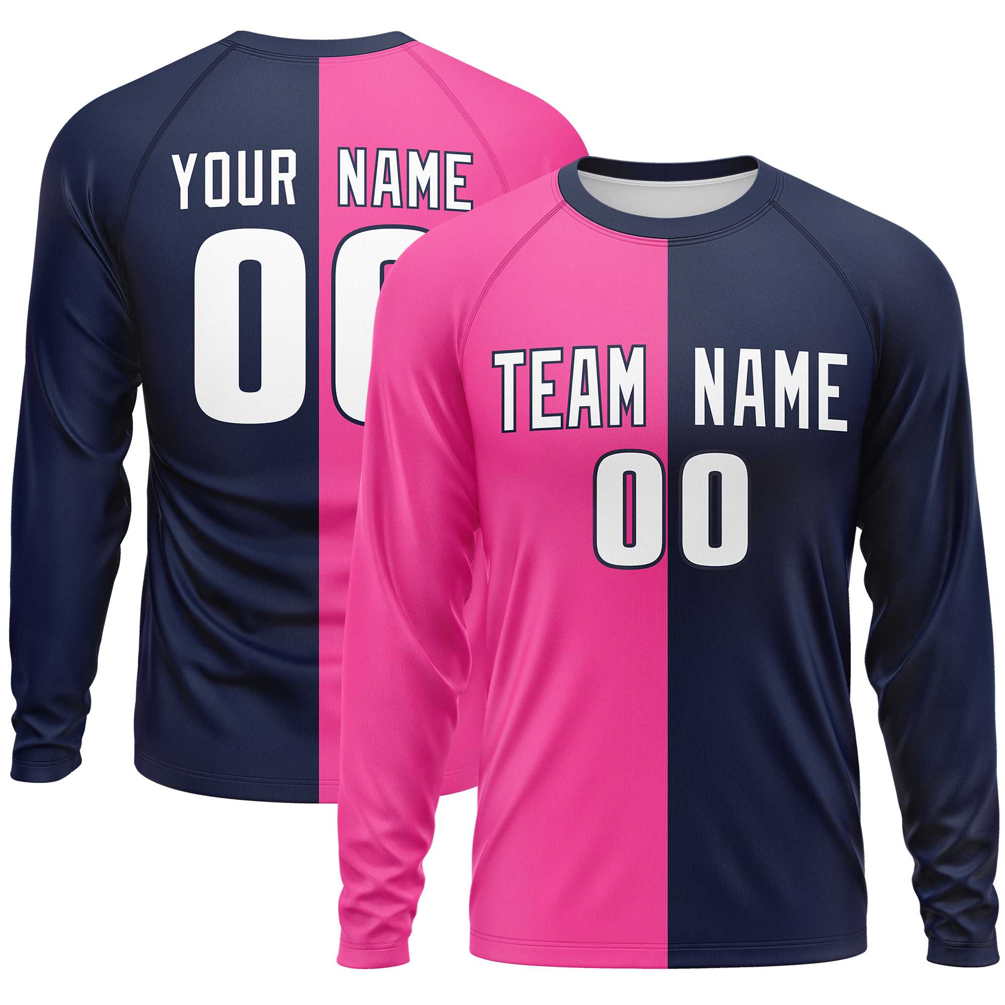 Custom Pink Navy Crew Neck Split Design Long Sleeve Performance T-Shirt | KXKSHOP
