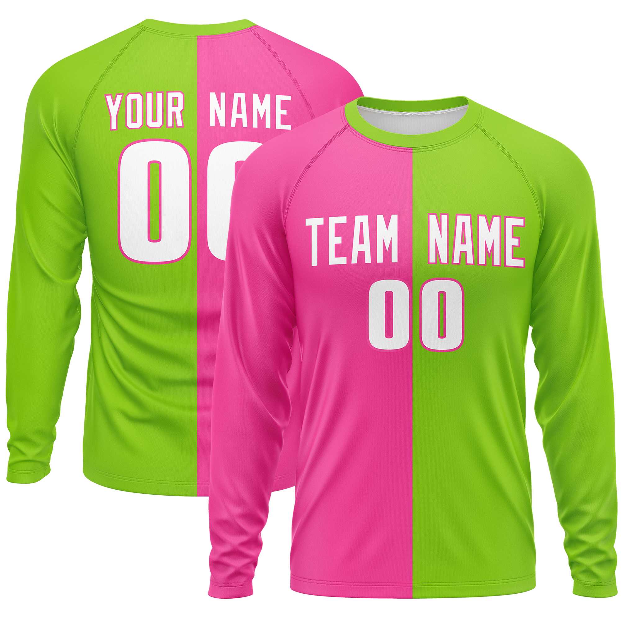 Custom Pink Neon Green Crew Neck Split Design Long Sleeve Performance T-Shirt | KXKSHOP