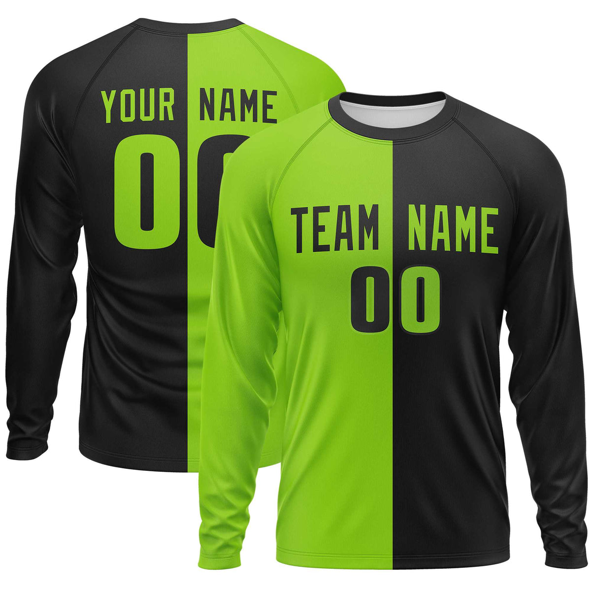 Custom Neon Green Black Crew Neck Split Design Long Sleeve Performance T-Shirt | KXKSHOP
