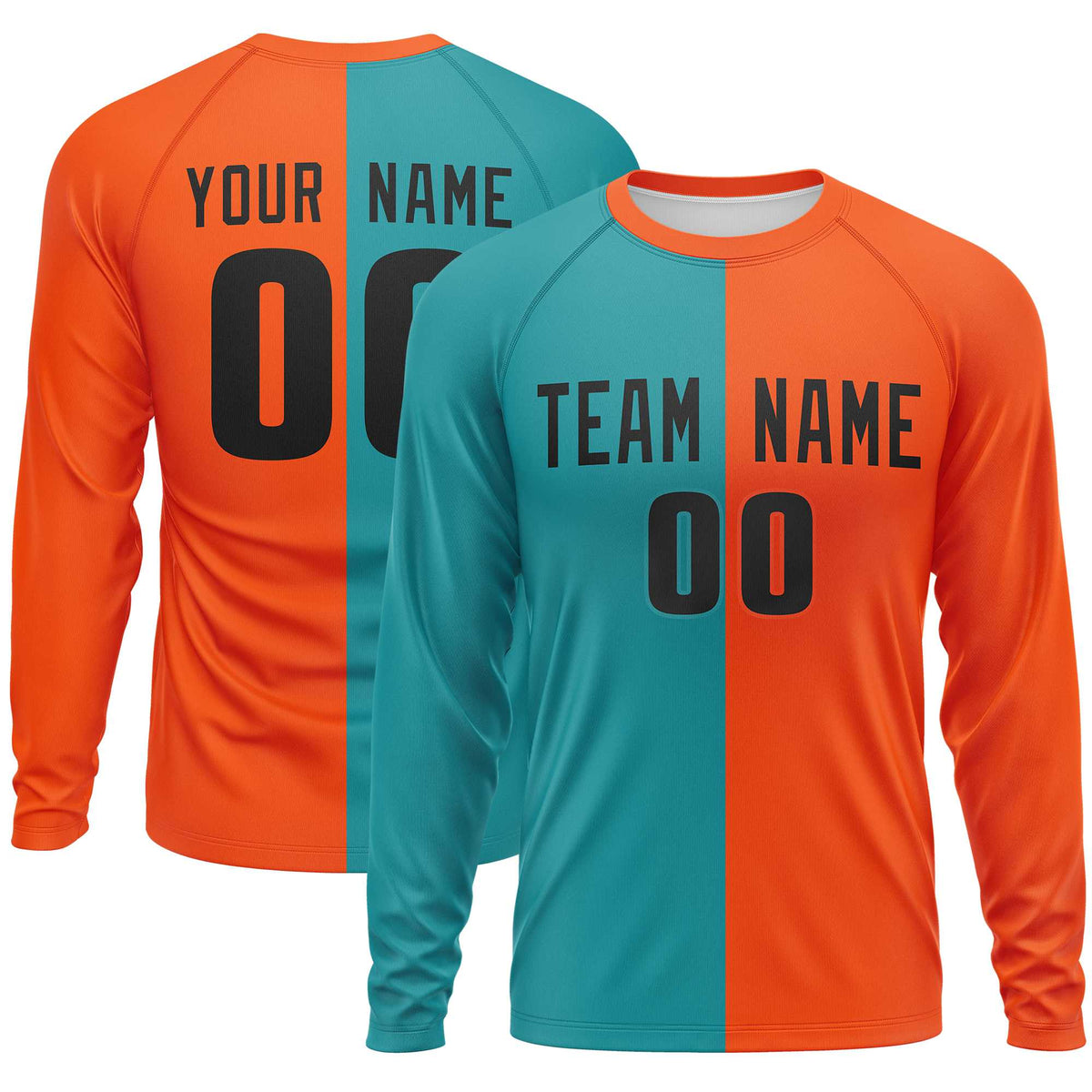 Custom Aqua Orange Crew Neck Split Design Long Sleeve Performance T-Shirt | KXKSHOP