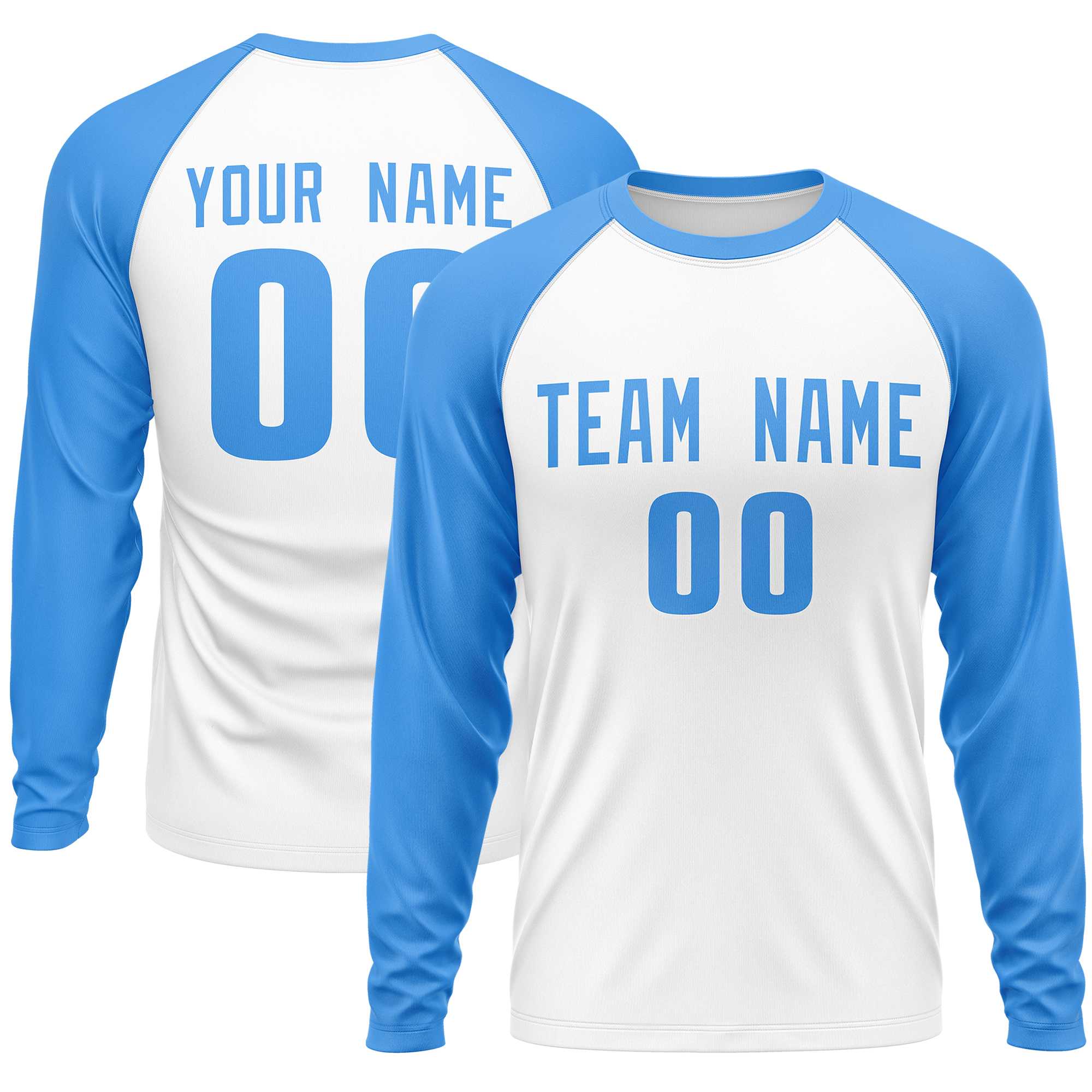 Custom White Powder Blue Crew Neck Raglan Long Sleeve Performance T-Shirt | KXKSHOP