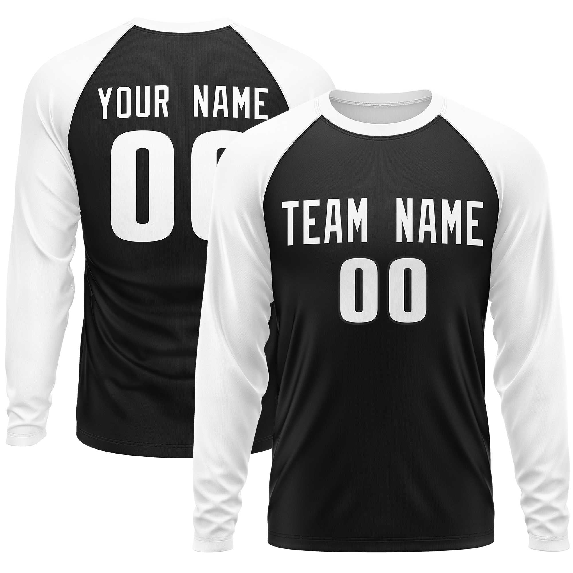Custom Black White Crew Neck Raglan Long Sleeve Performance T-Shirt | KXKSHOP
