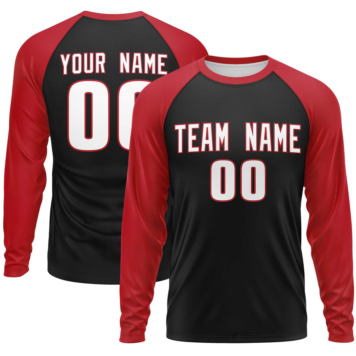 Custom Black Red Crew Neck Raglan Long Sleeve Performance T-Shirt | KXKSHOP