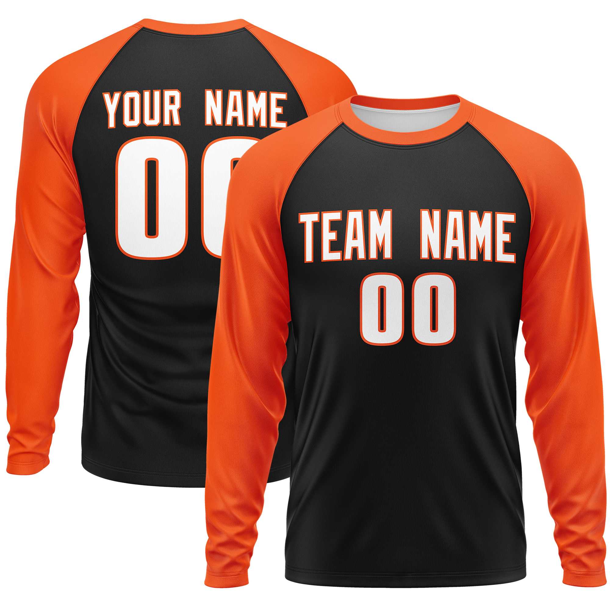 Custom Black Orange Crew Neck Raglan Long Sleeve Performance T-Shirt | KXKSHOP