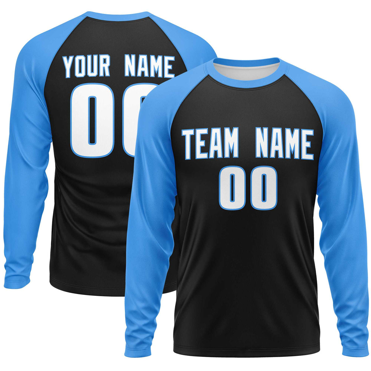 Custom Black Powder Blue Crew Neck Raglan Long Sleeve Performance T-Shirt | KXKSHOP