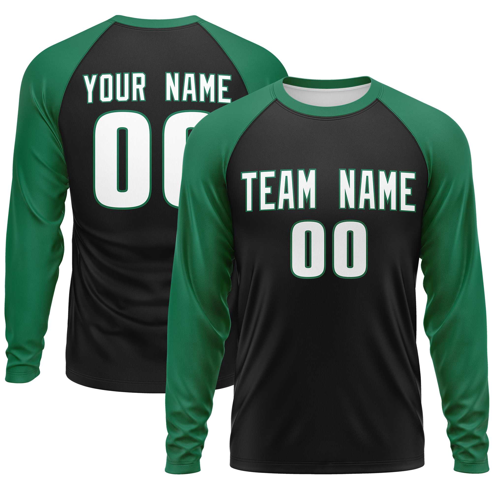 Custom Black Kelly Green Crew Neck Raglan Long Sleeve Performance T-Shirt | KXKSHOP