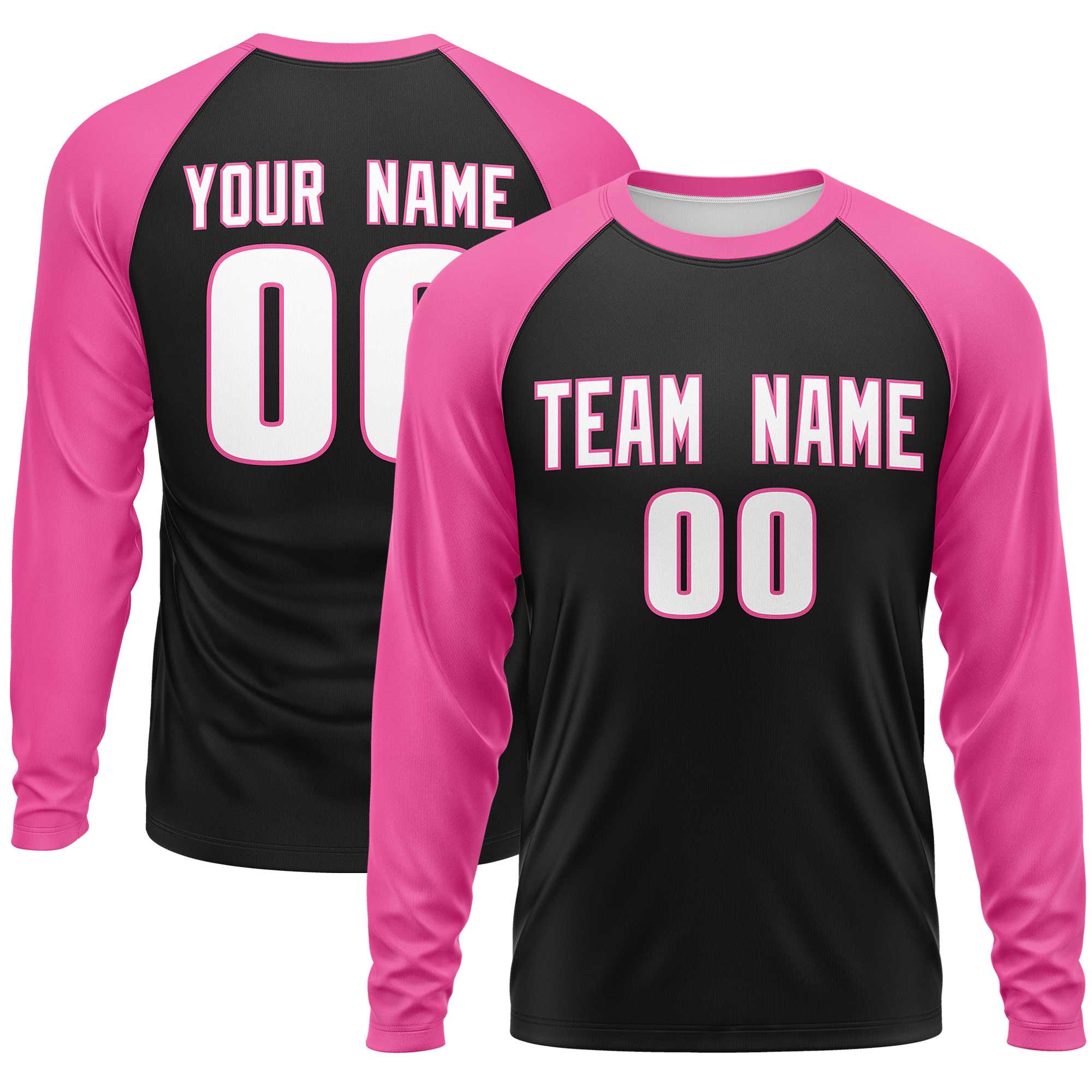 Custom Black Pink Crew Neck Raglan Long Sleeve Performance T-Shirt | KXKSHOP