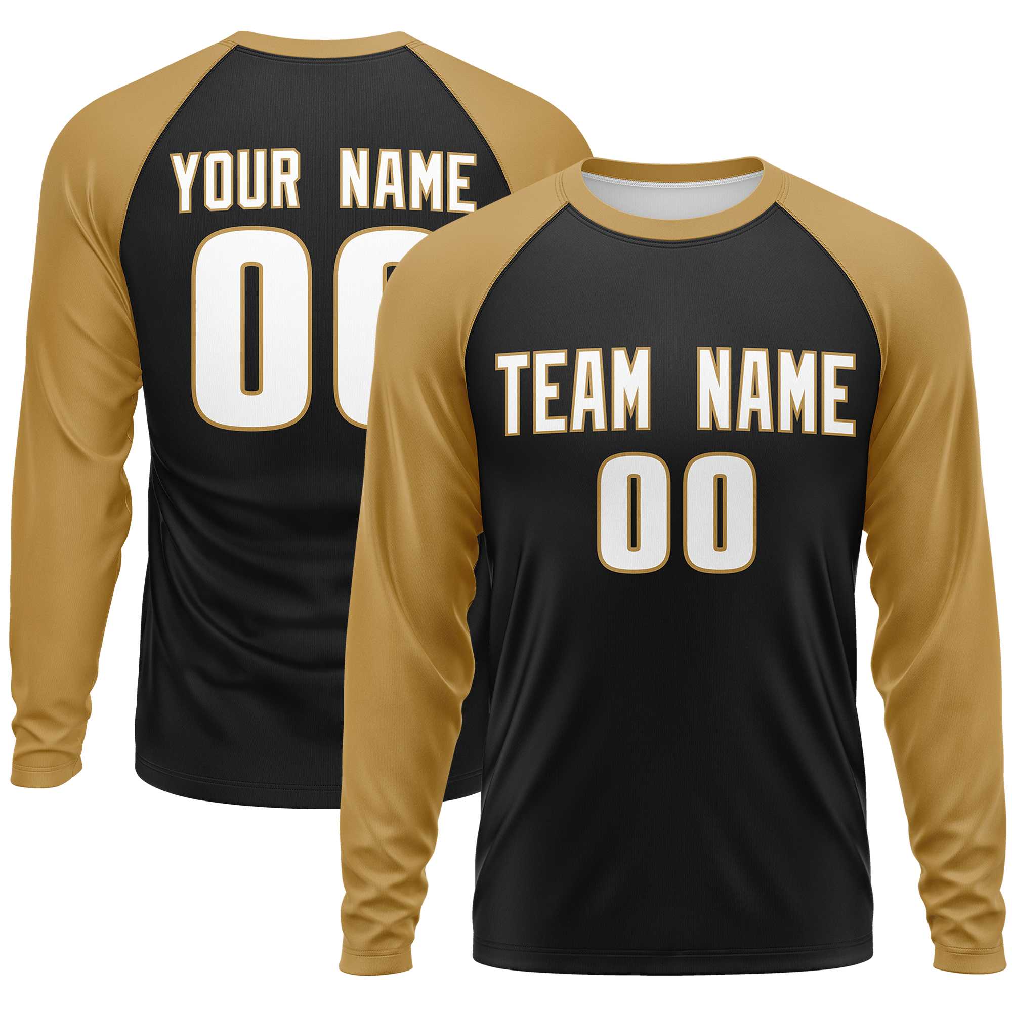 Custom Black Old Gold Crew Neck Raglan Long Sleeve Performance T-Shirt | KXKSHOP