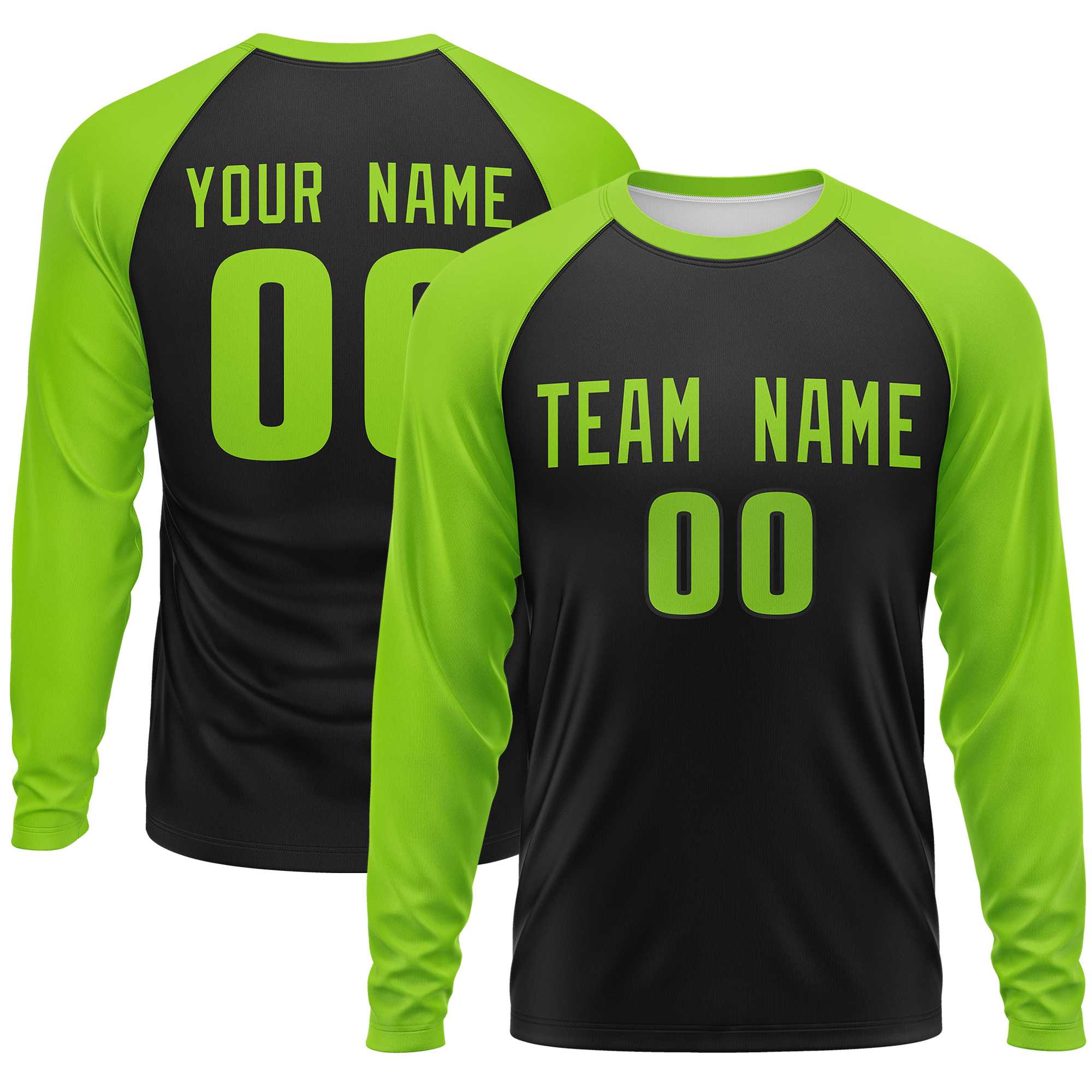 Custom Black Neon Green Crew Neck Raglan Long Sleeve Performance T-Shirt | KXKSHOP