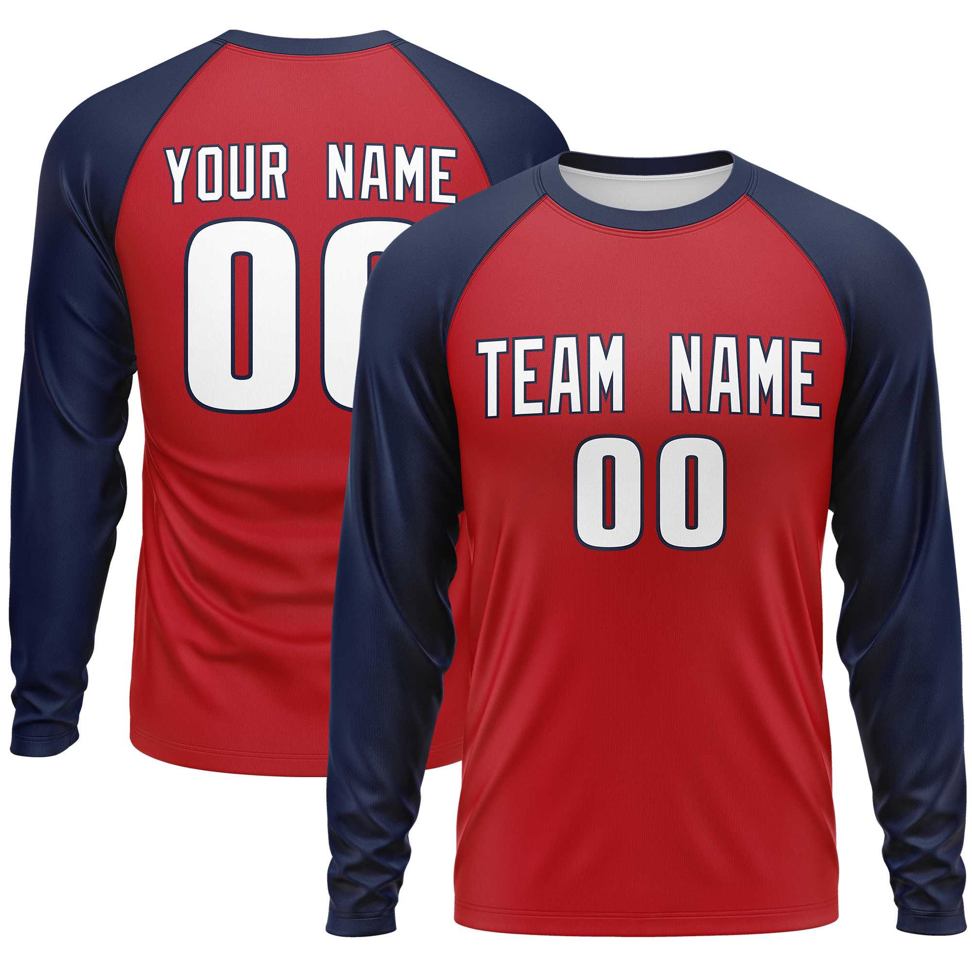 Custom Red Navy Crew Neck Raglan Long Sleeve Performance T-Shirt | KXKSHOP