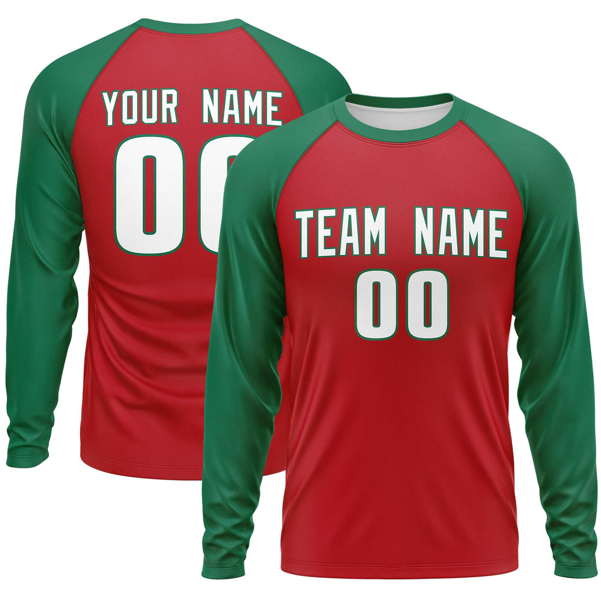 Custom Red Kelly Green Crew Neck Raglan Long Sleeve Performance T-Shirt | KXKSHOP