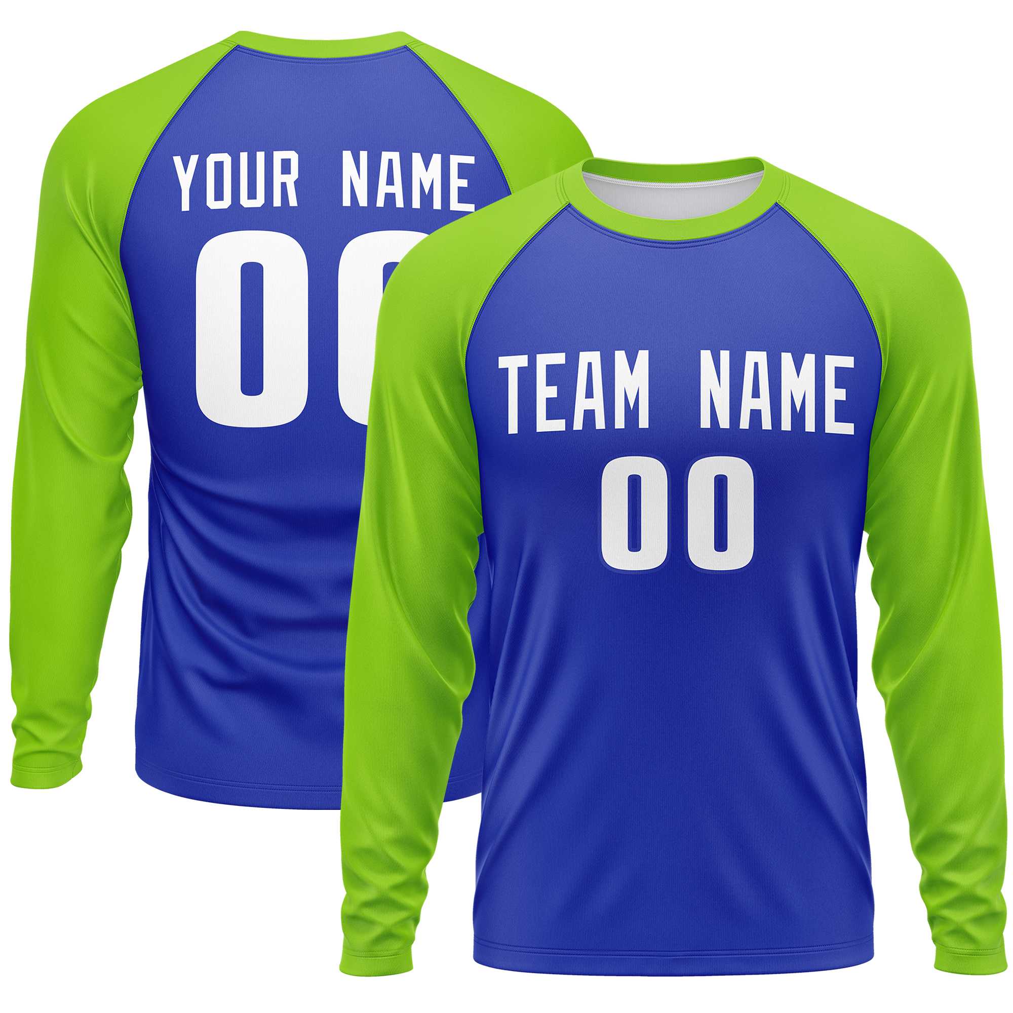 Custom Royal Neon Green Crew Neck Raglan Long Sleeve Performance T-Shirt | KXKSHOP