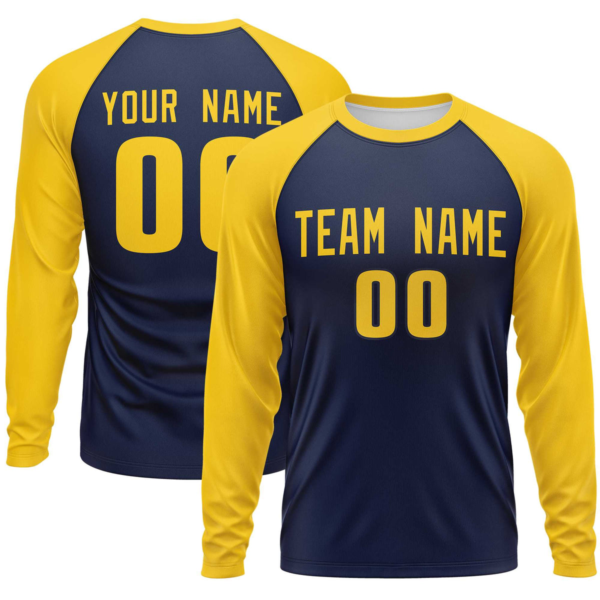 Custom Navy Gold Crew Neck Raglan Long Sleeve Performance T-Shirt | KXKSHOP