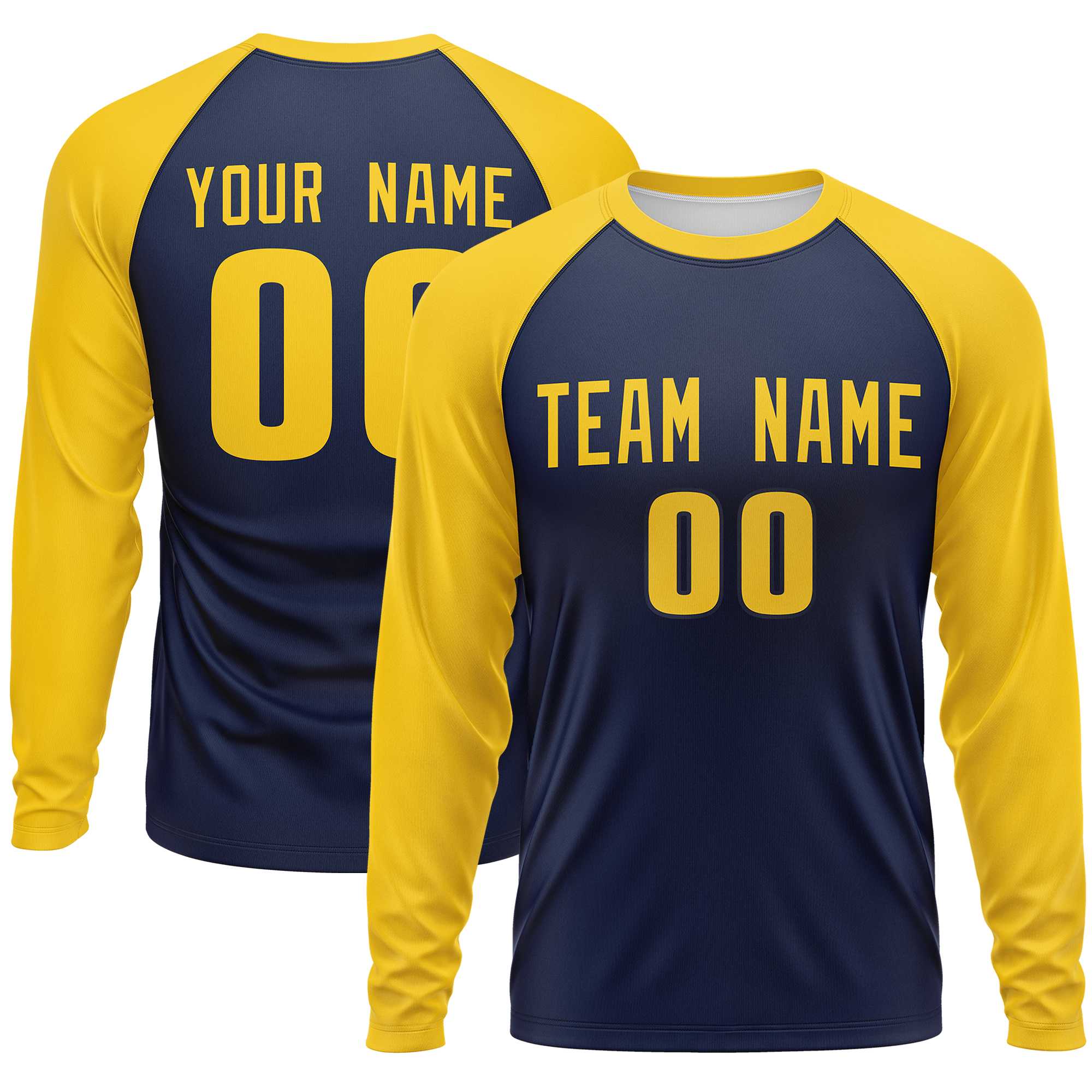 Custom Navy Gold Crew Neck Raglan Long Sleeve Performance T-Shirt | KXKSHOP