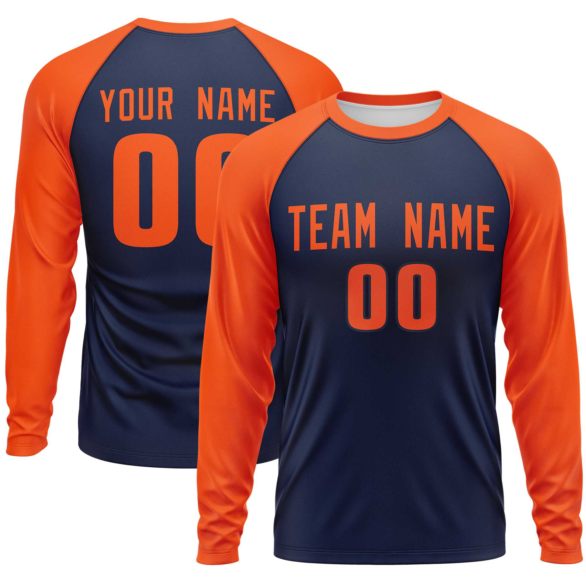 Custom Navy Orange Crew Neck Raglan Long Sleeve Performance T-Shirt | KXKSHOP
