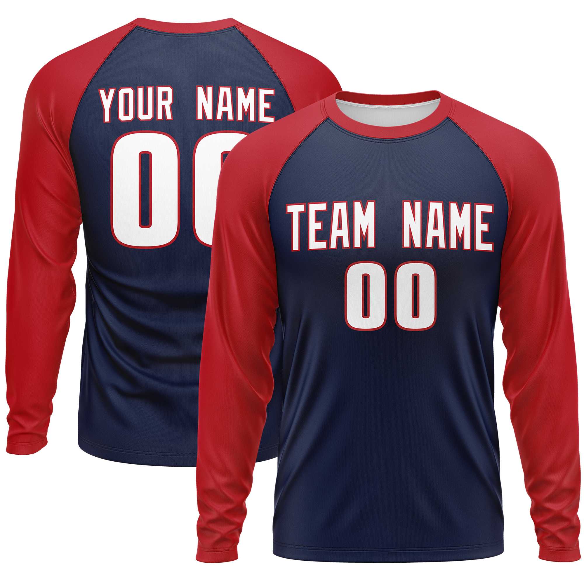 Custom Navy Red Crew Neck Raglan Long Sleeve Performance T-Shirt | KXKSHOP