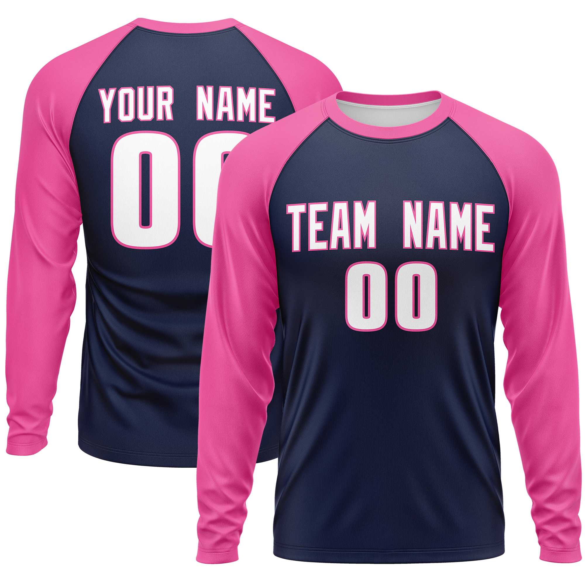 Custom Navy Pink Crew Neck Raglan Long Sleeve Performance T-Shirt | KXKSHOP