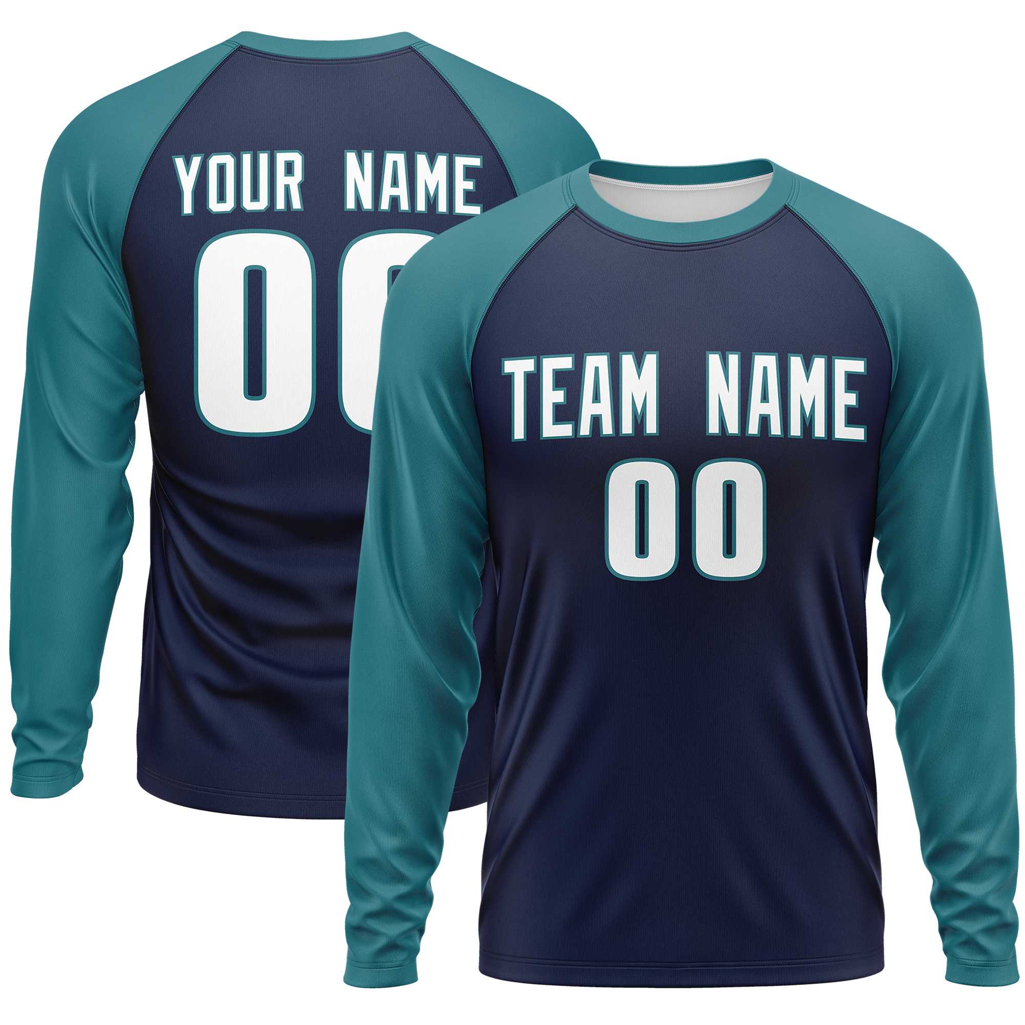 Custom Navy Aqua Crew Neck Raglan Long Sleeve Performance T-Shirt | KXKSHOP