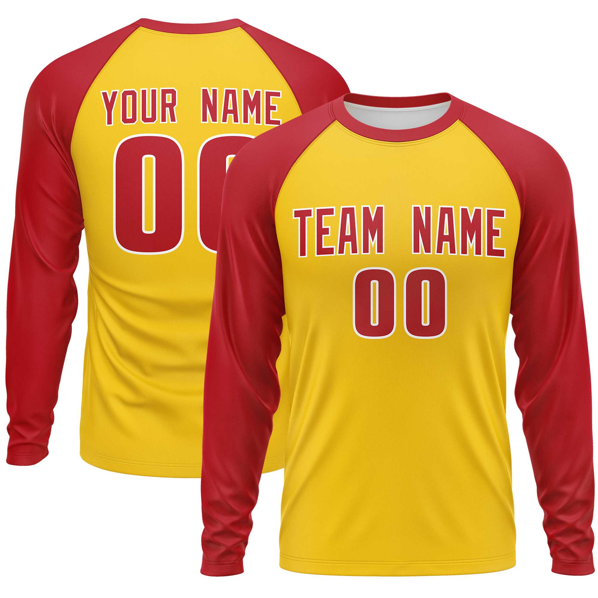 Custom Gold Red Crew Neck Raglan Long Sleeve Performance T-Shirt | KXKSHOP