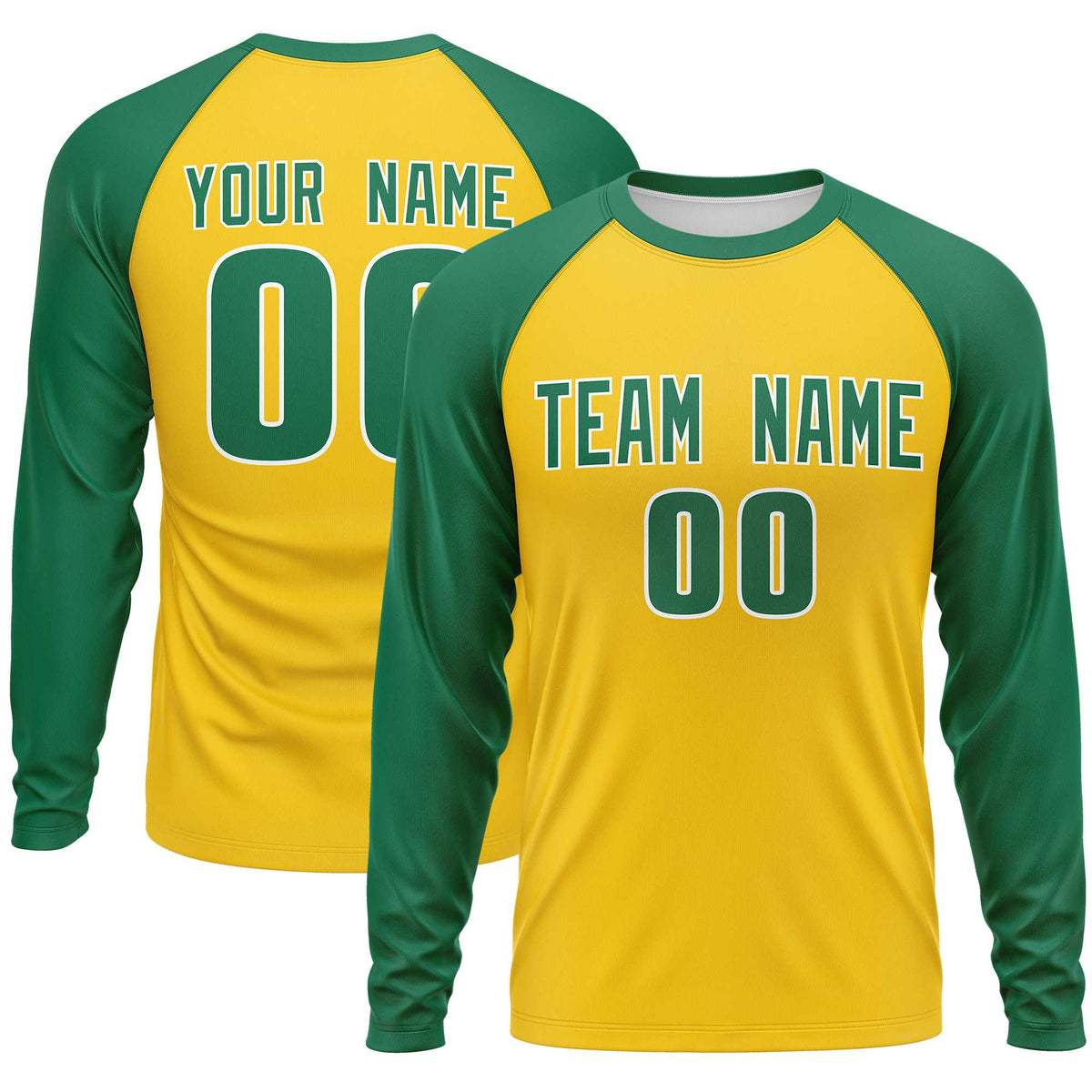 Custom Gold Kelly Green Crew Neck Raglan Long Sleeve Performance T-Shirt | KXKSHOP