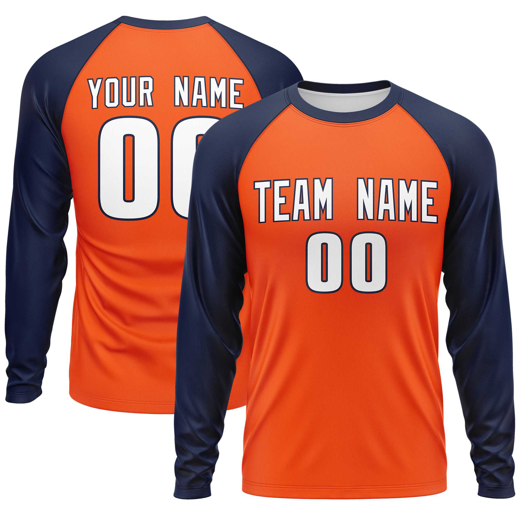 Custom Orange Navy Crew Neck Raglan Long Sleeve Performance T-Shirt | KXKSHOP
