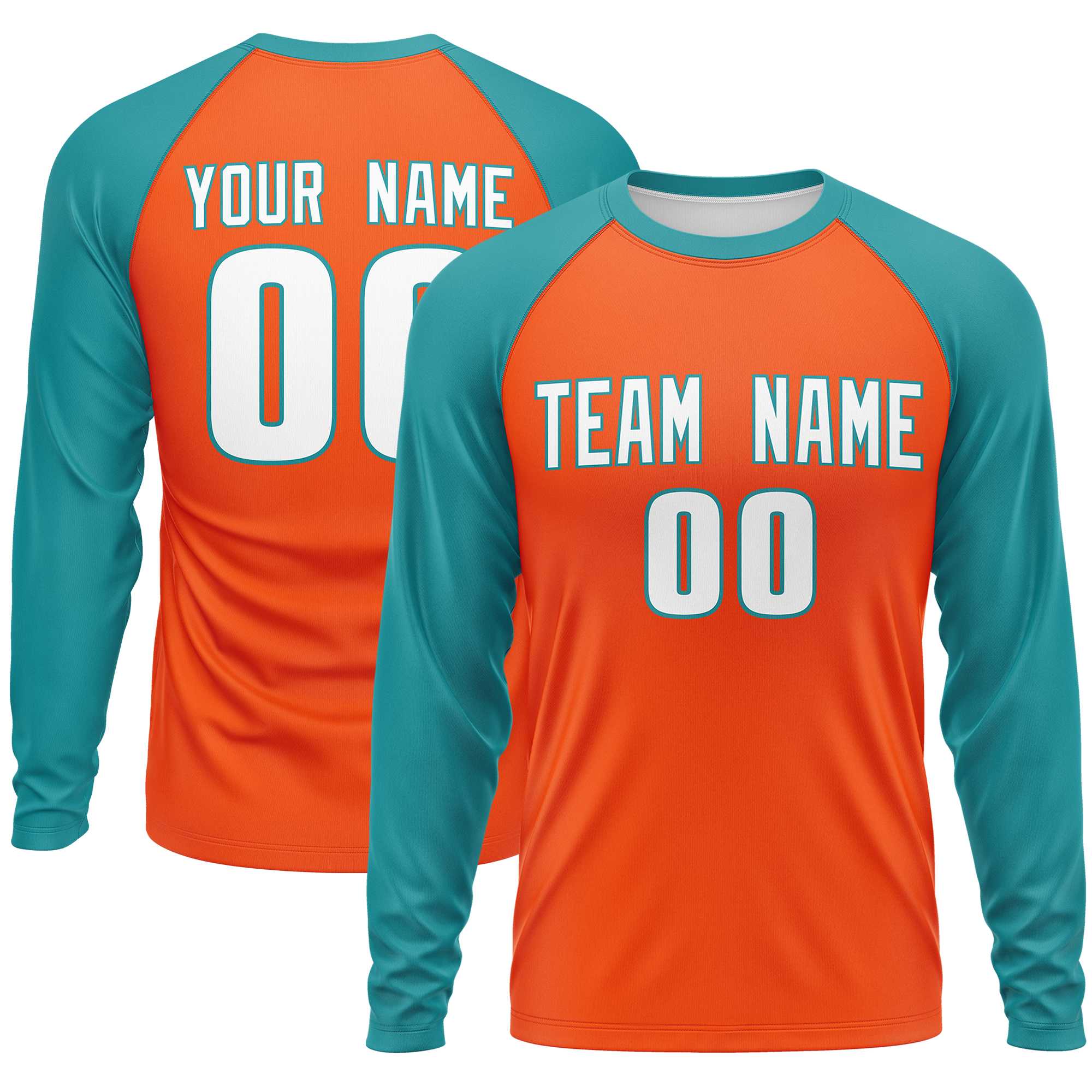 Custom Orange Aqua Crew Neck Raglan Long Sleeve Performance T-Shirt | KXKSHOP