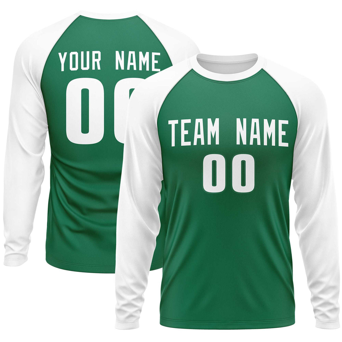 Custom Kelly Green White Crew Neck Raglan Long Sleeve Performance T-Shirt | KXKSHOP