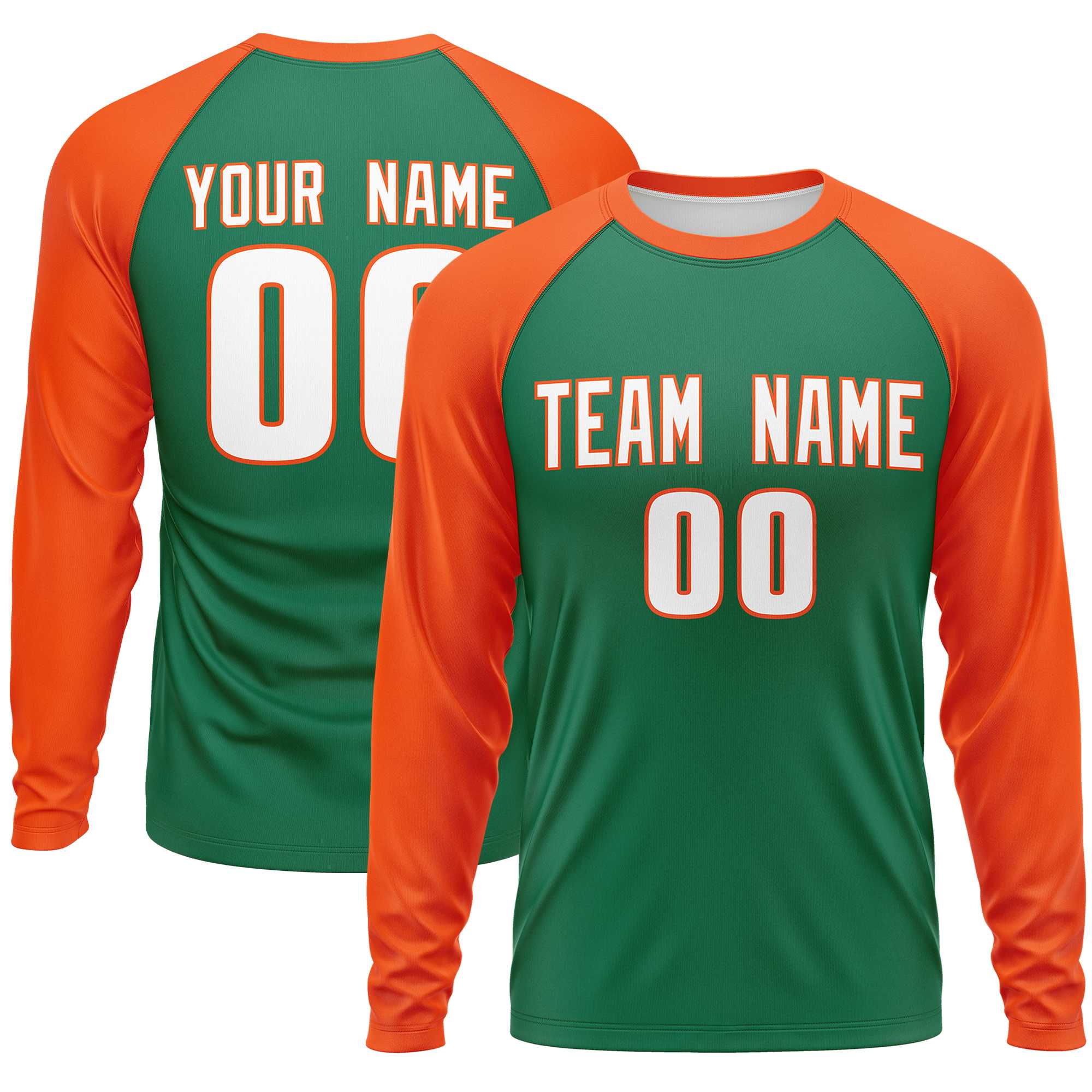 Custom Kelly Green Orange Crew Neck Raglan Long Sleeve Performance T-Shirt | KXKSHOP
