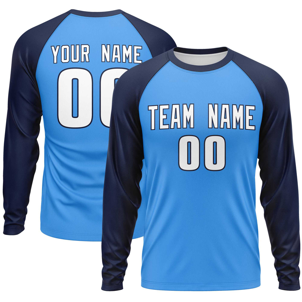 Custom Powder Blue Navy Crew Neck Raglan Long Sleeve Performance T-Shirt | KXKSHOP