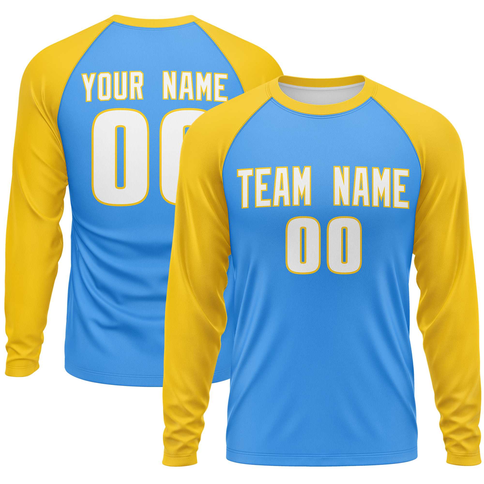 Custom Powder Blue Gold Crew Neck Raglan Long Sleeve Performance T-Shirt | KXKSHOP
