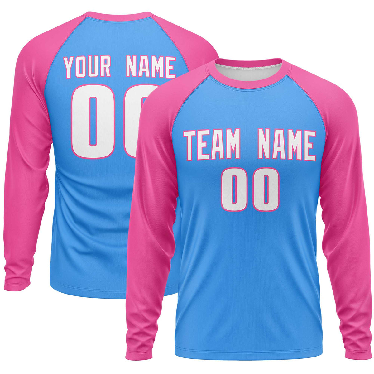 Custom Powder Blue Pink Crew Neck Raglan Long Sleeve Performance T-Shirt | KXKSHOP