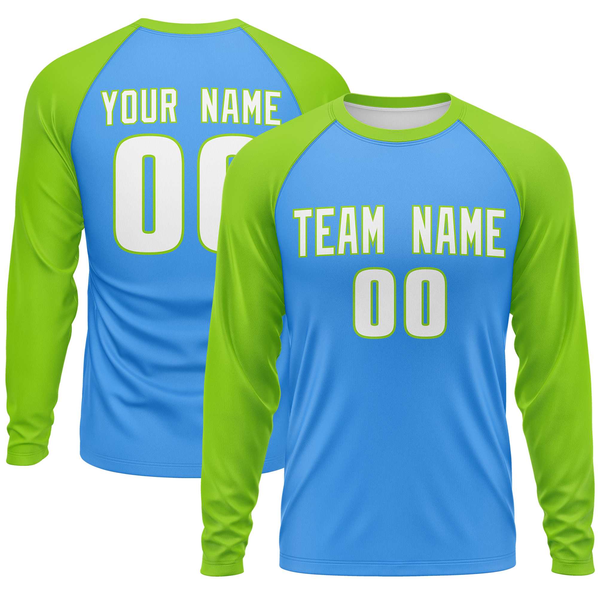 Custom Powder Blue Neon Green Crew Neck Raglan Long Sleeve Performance T-Shirt | KXKSHOP