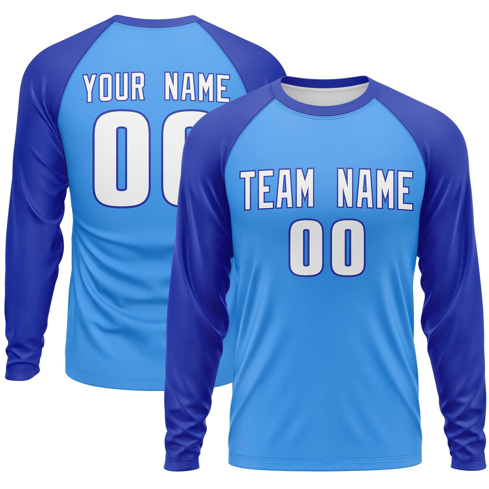 Custom Powder Blue Royal Crew Neck Raglan Long Sleeve Performance T-Shirt | KXKSHOP
