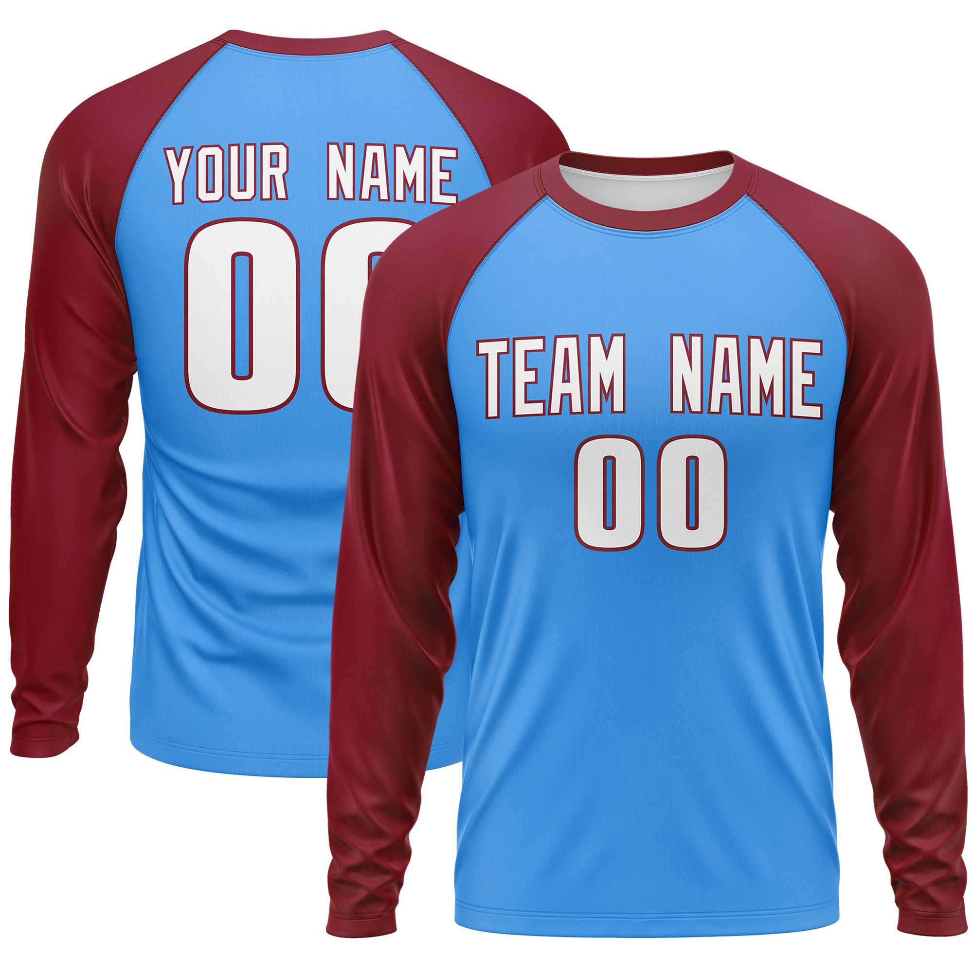 Custom Powder Blue Crimson Crew Neck Raglan Long Sleeve Performance T-Shirt | KXKSHOP
