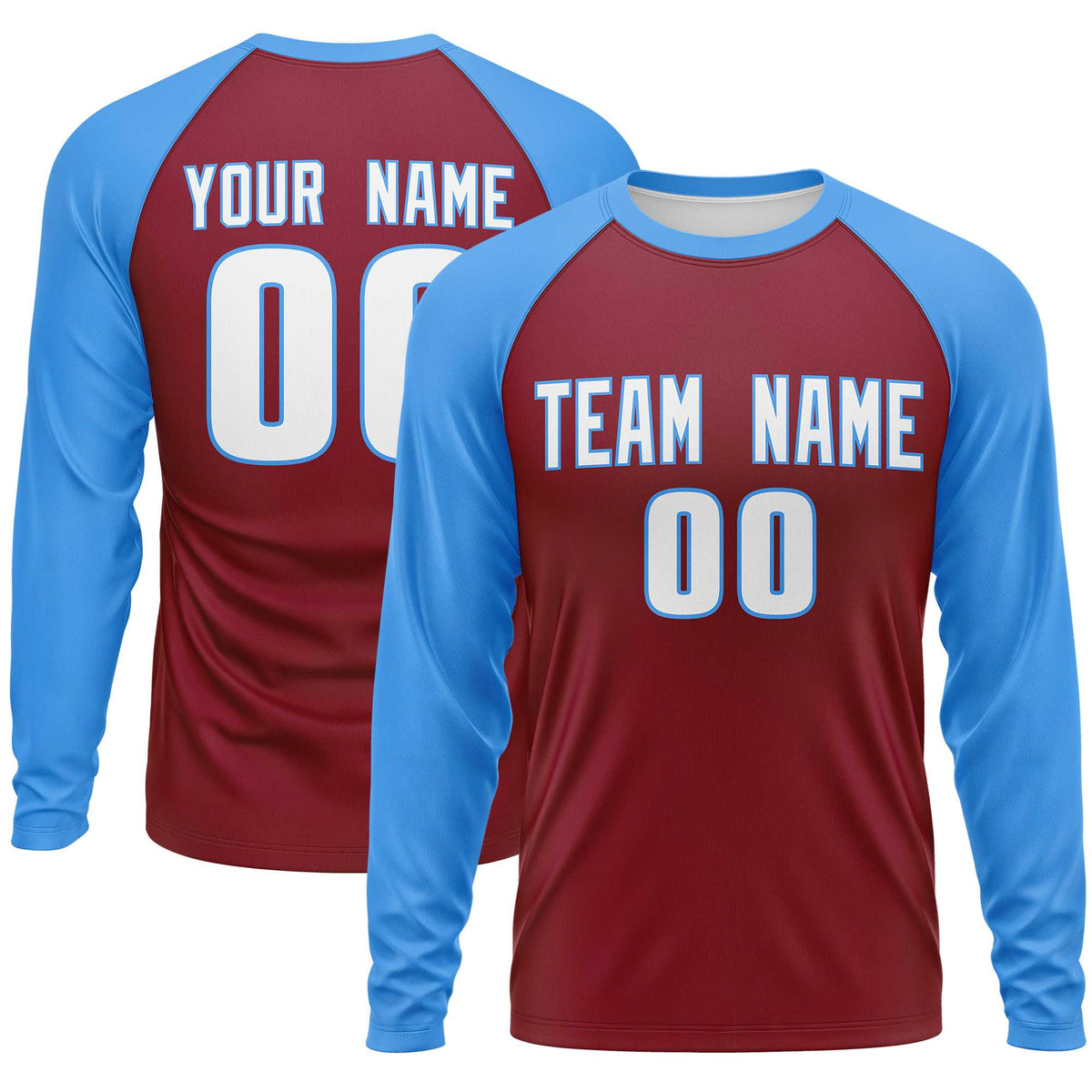 Custom Crimson Powder Blue Crew Neck Raglan Long Sleeve Performance T-Shirt | KXKSHOP