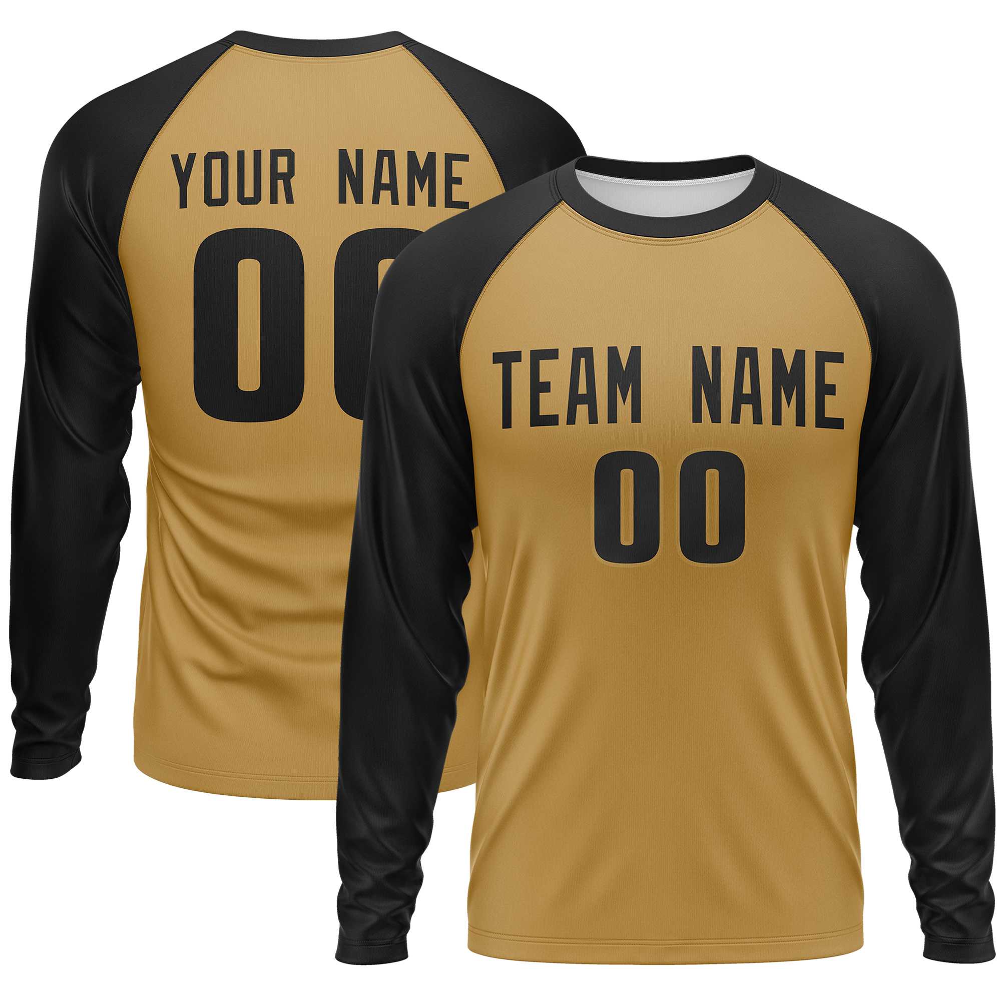 Custom Old Gold Black Crew Neck Raglan Long Sleeve Performance T-Shirt | KXKSHOP