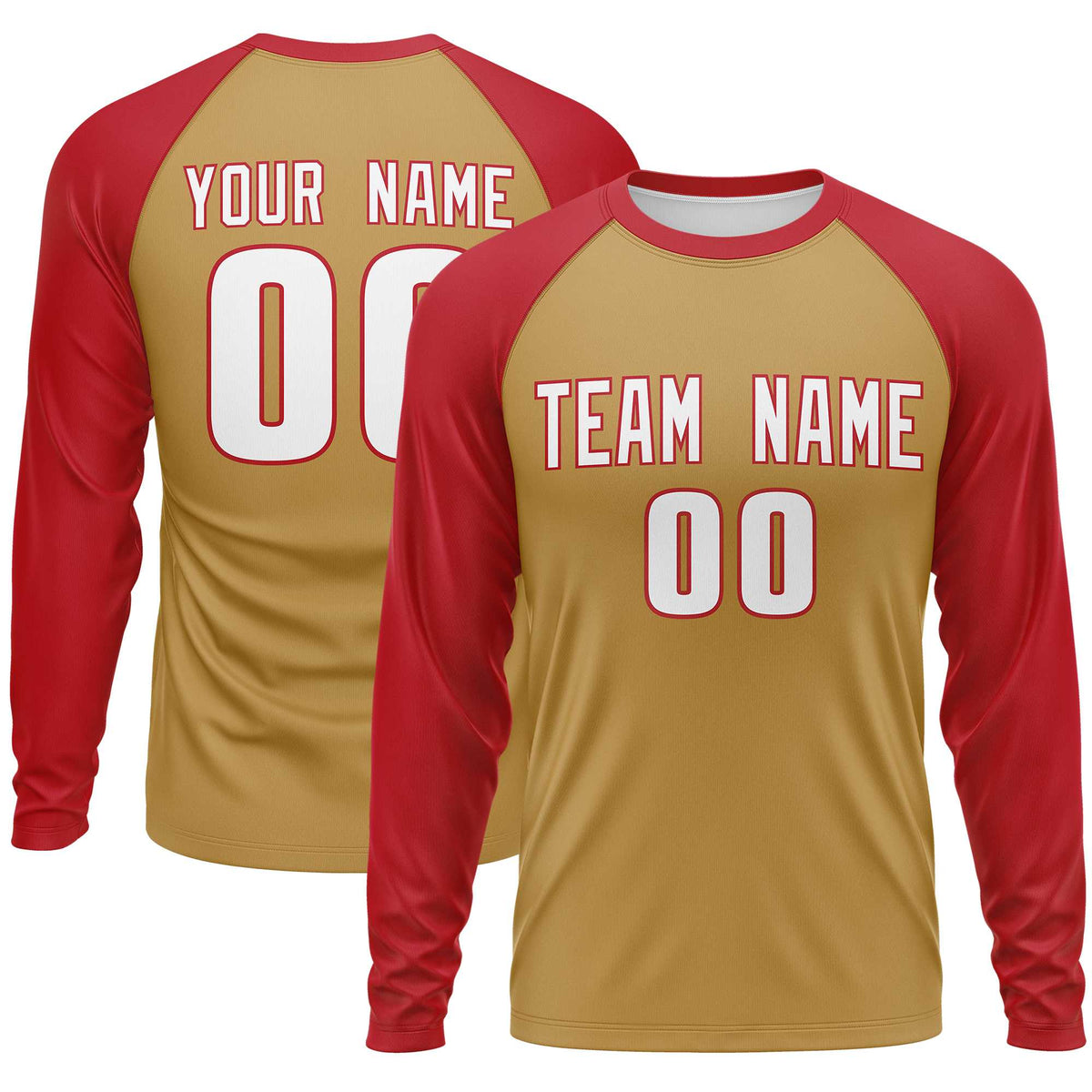 Custom Old Gold Red Crew Neck Raglan Long Sleeve Performance T-Shirt | KXKSHOP