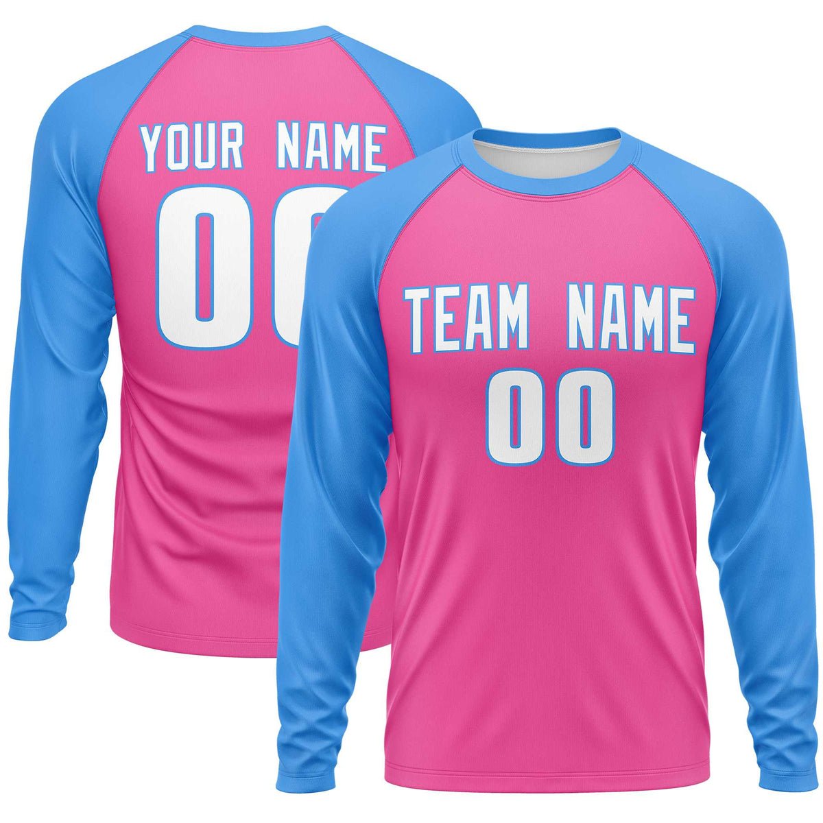 Custom Pink Powder Blue Crew Neck Raglan Long Sleeve Performance T-Shirt | KXKSHOP