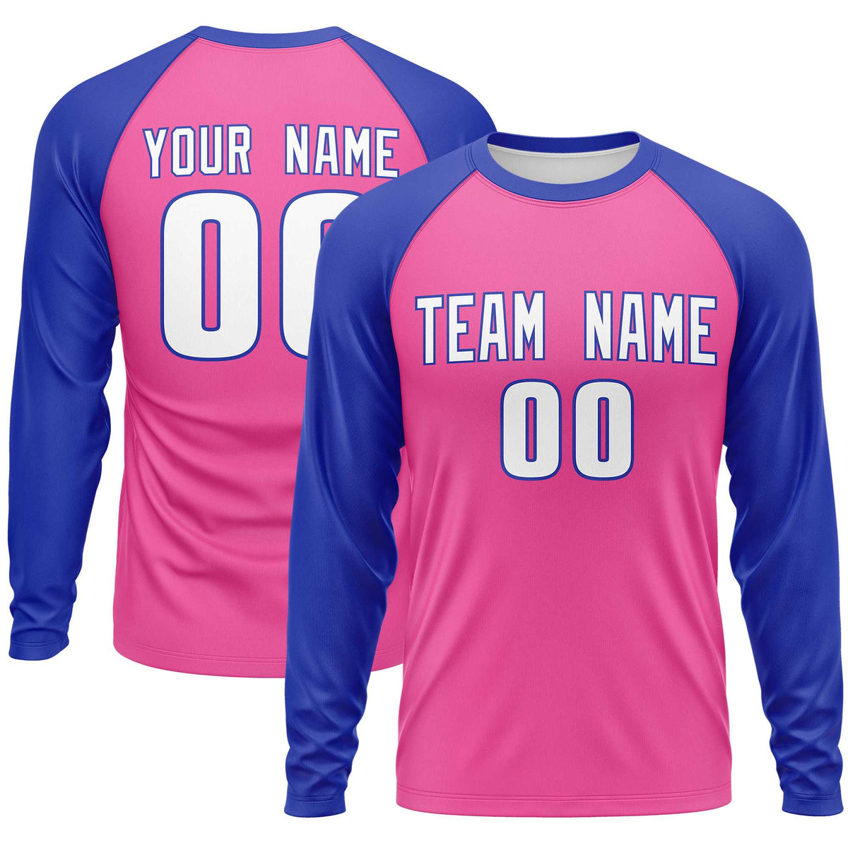 Custom Pink Royal Crew Neck Raglan Long Sleeve Performance T-Shirt | KXKSHOP