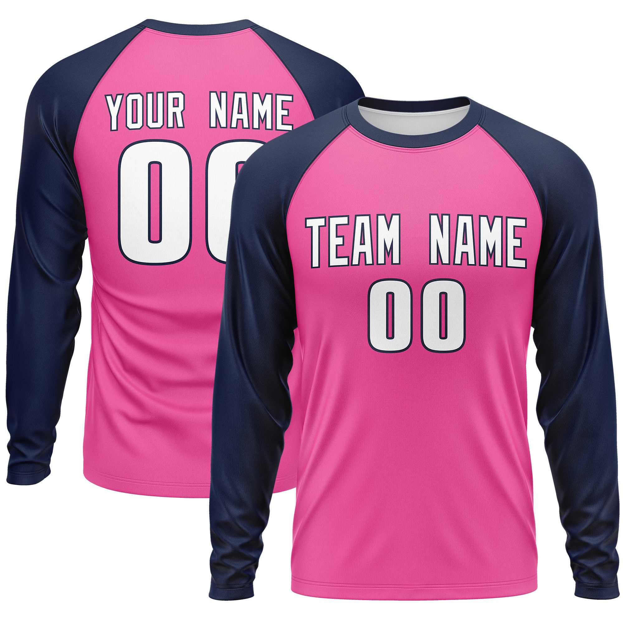 Custom Pink Navy Crew Neck Raglan Long Sleeve Performance T-Shirt | KXKSHOP