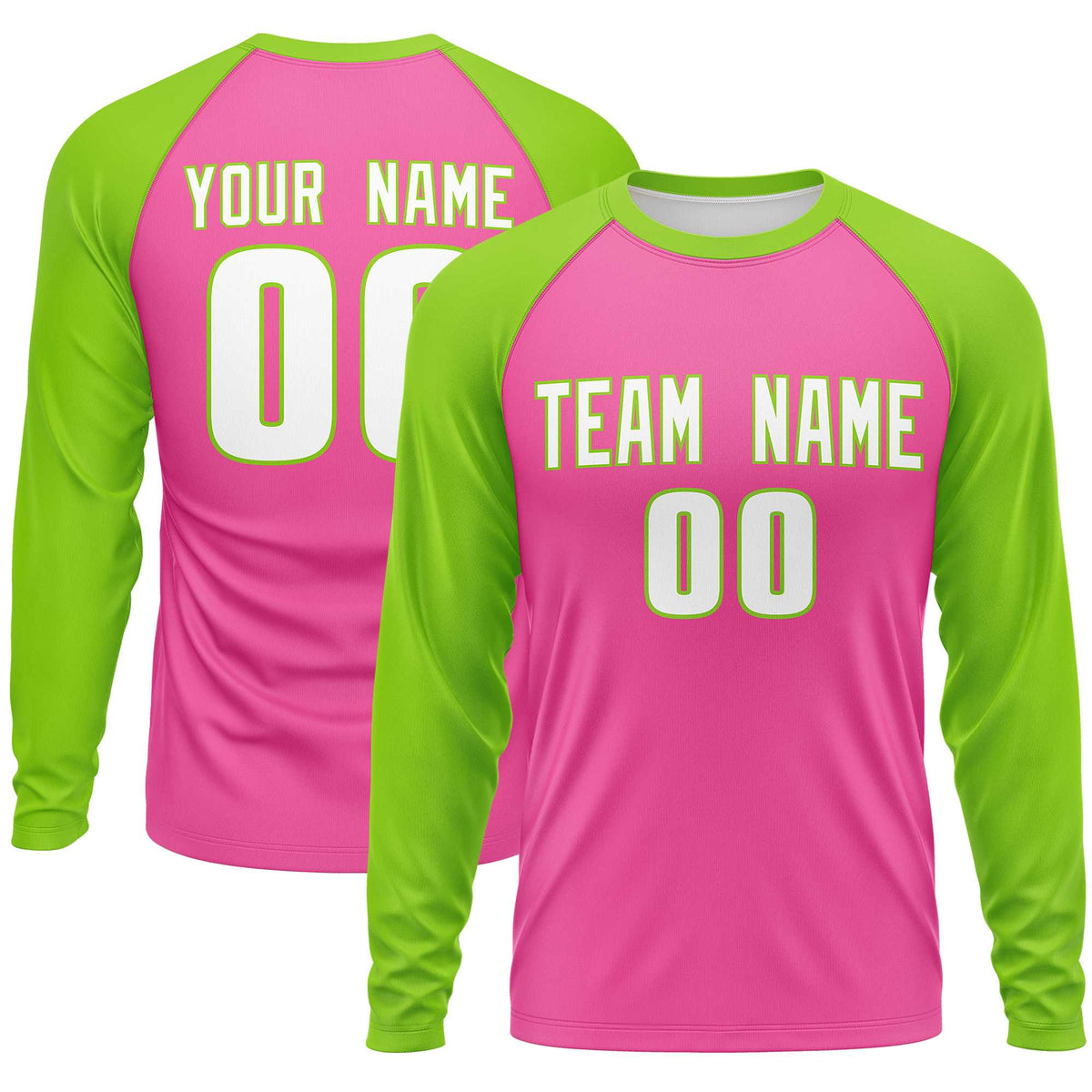 Custom Pink Neon Green Crew Neck Raglan Long Sleeve Performance T-Shirt | KXKSHOP
