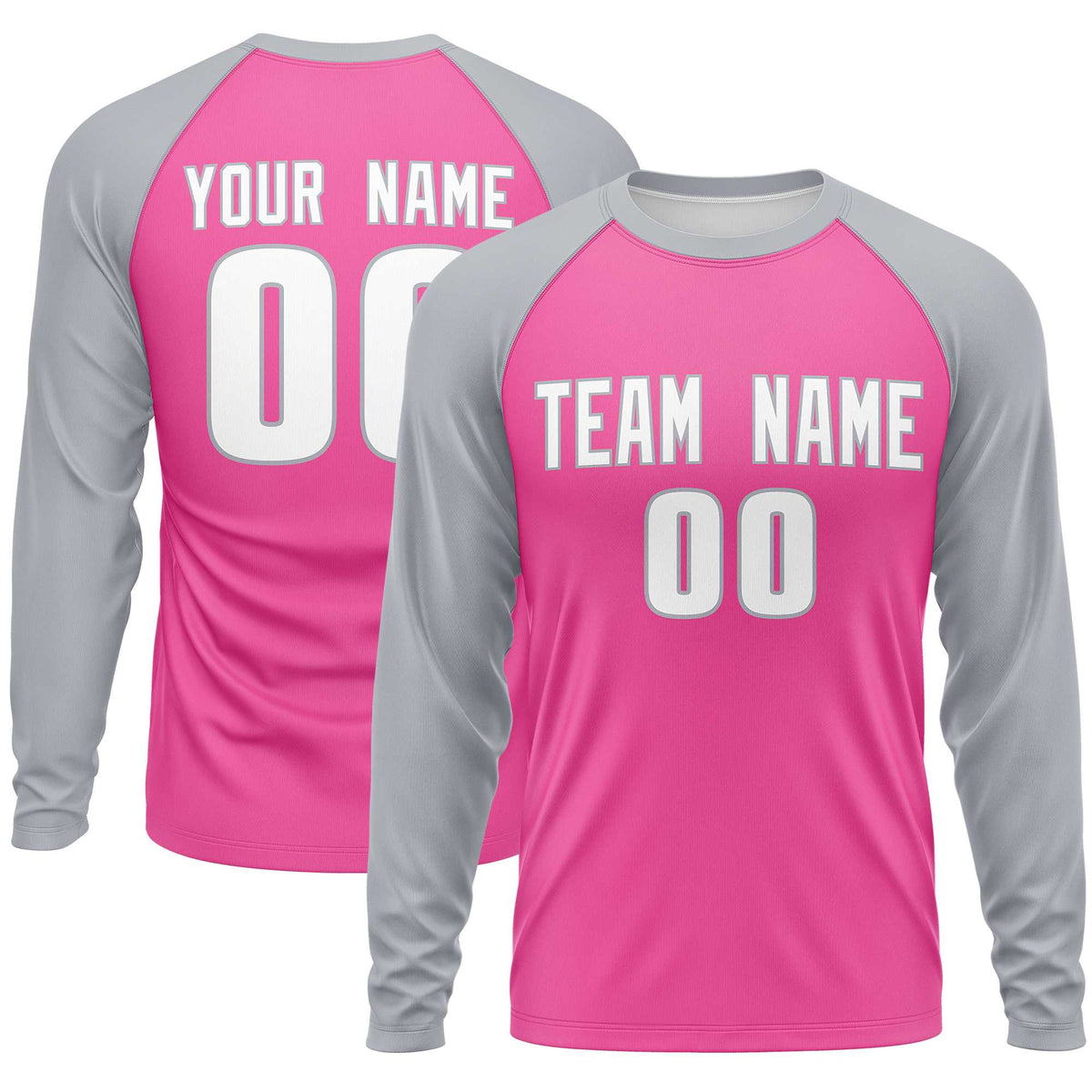 Custom Pink Gray Crew Neck Raglan Long Sleeve Performance T-Shirt | KXKSHOP