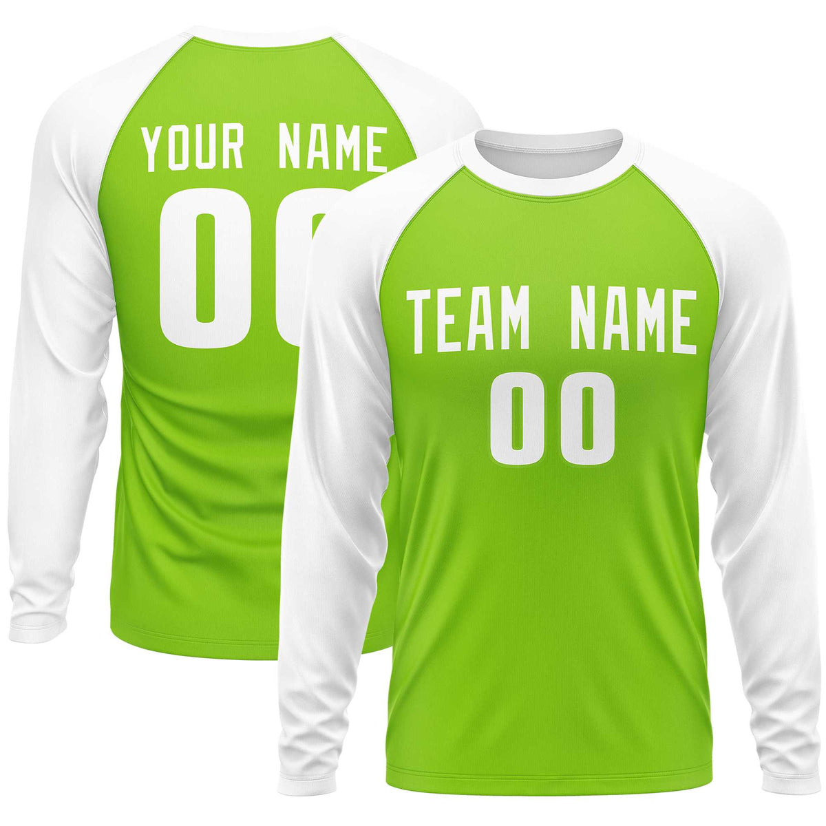 Custom Neon Green White Crew Neck Raglan Long Sleeve Performance T-Shirt | KXKSHOP