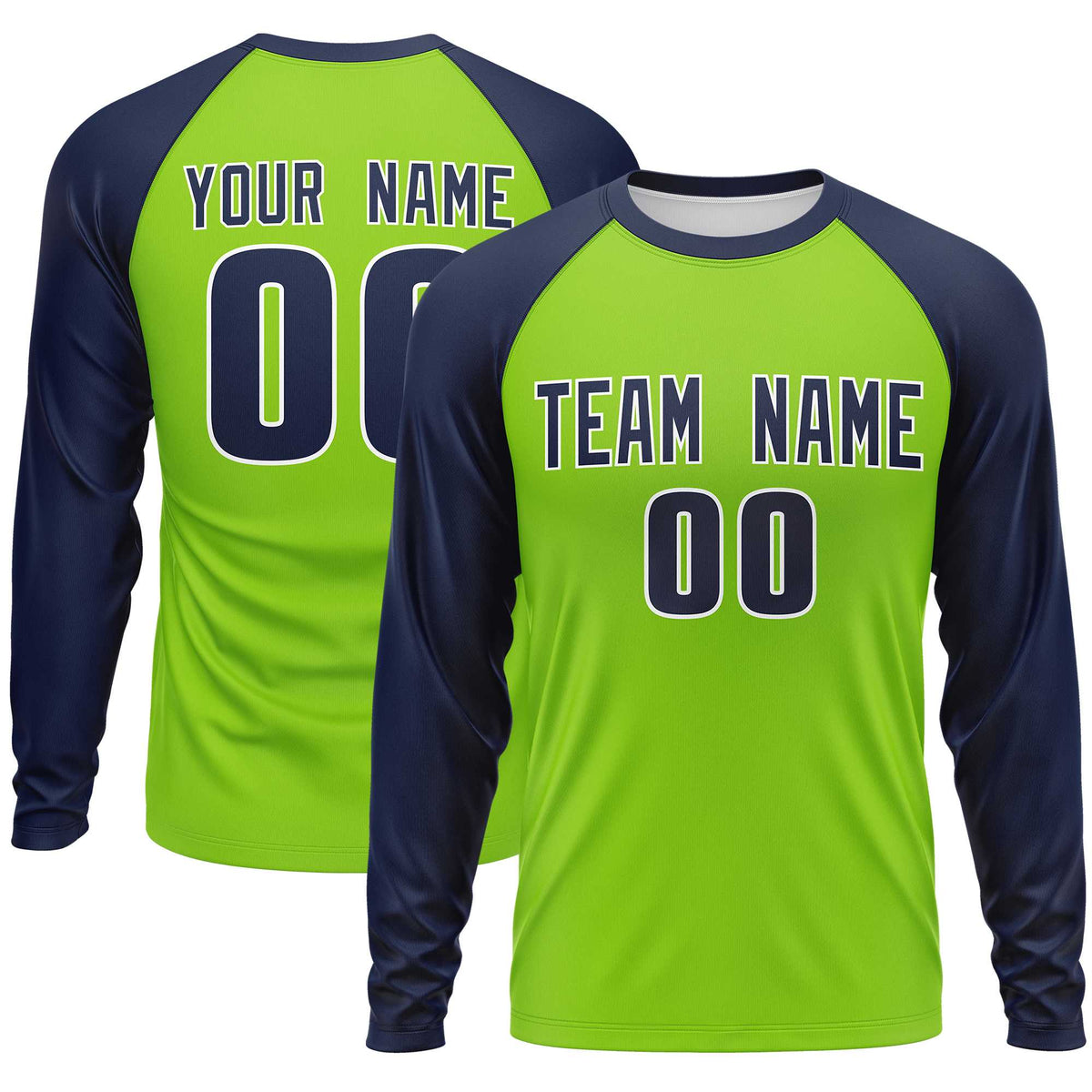 Custom Neon Green Navy Crew Neck Raglan Long Sleeve Performance T-Shirt | KXKSHOP